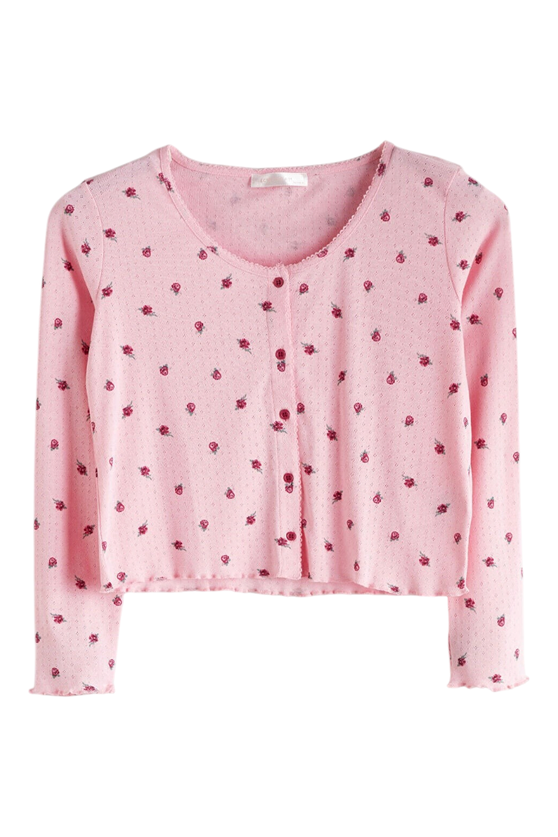 Sporline LC Waikiki açık pembe renkli, çiçek desenli, düğmeli ve uzun kollu pamuklu kadın pijama üstü