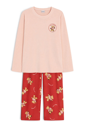 Sporline LC Waikiki pembe uzun kollu üst ve ayıcık desenli kırmızı kadife alt kız çocuk pijama takımı