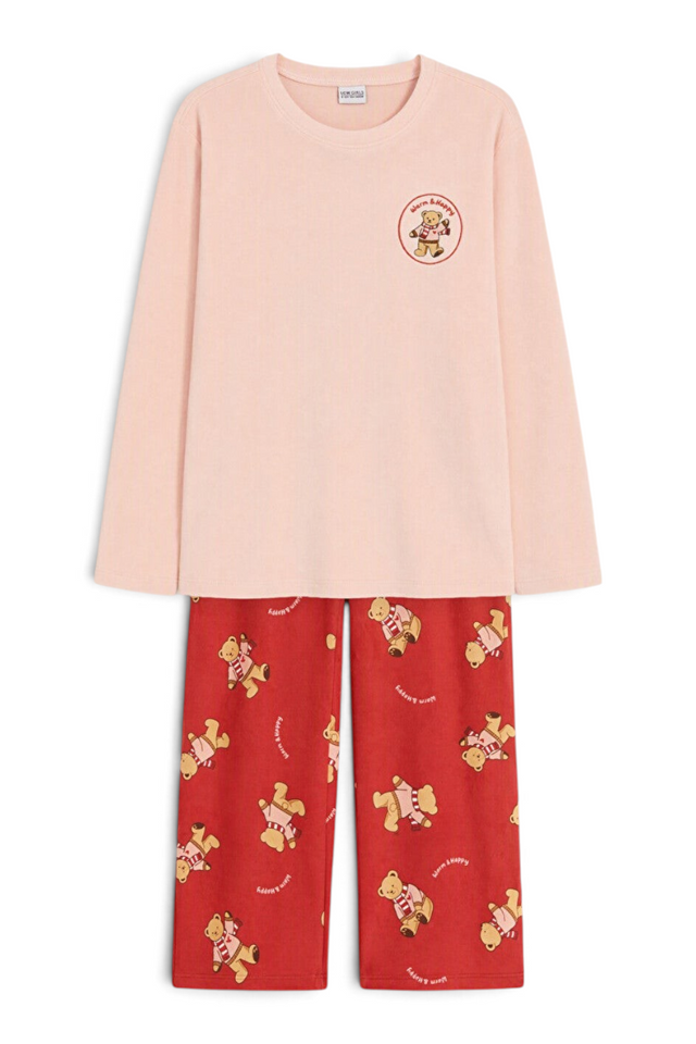 Sporline LC Waikiki pembe uzun kollu üst ve ayıcık desenli kırmızı kadife alt kız çocuk pijama takımı