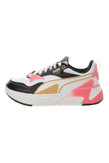 Sporline Puma R78 Disrupt kadın spor ayakkabı, beyaz, siyah ve pembe renkli, kalın tabanlı şık tasarım