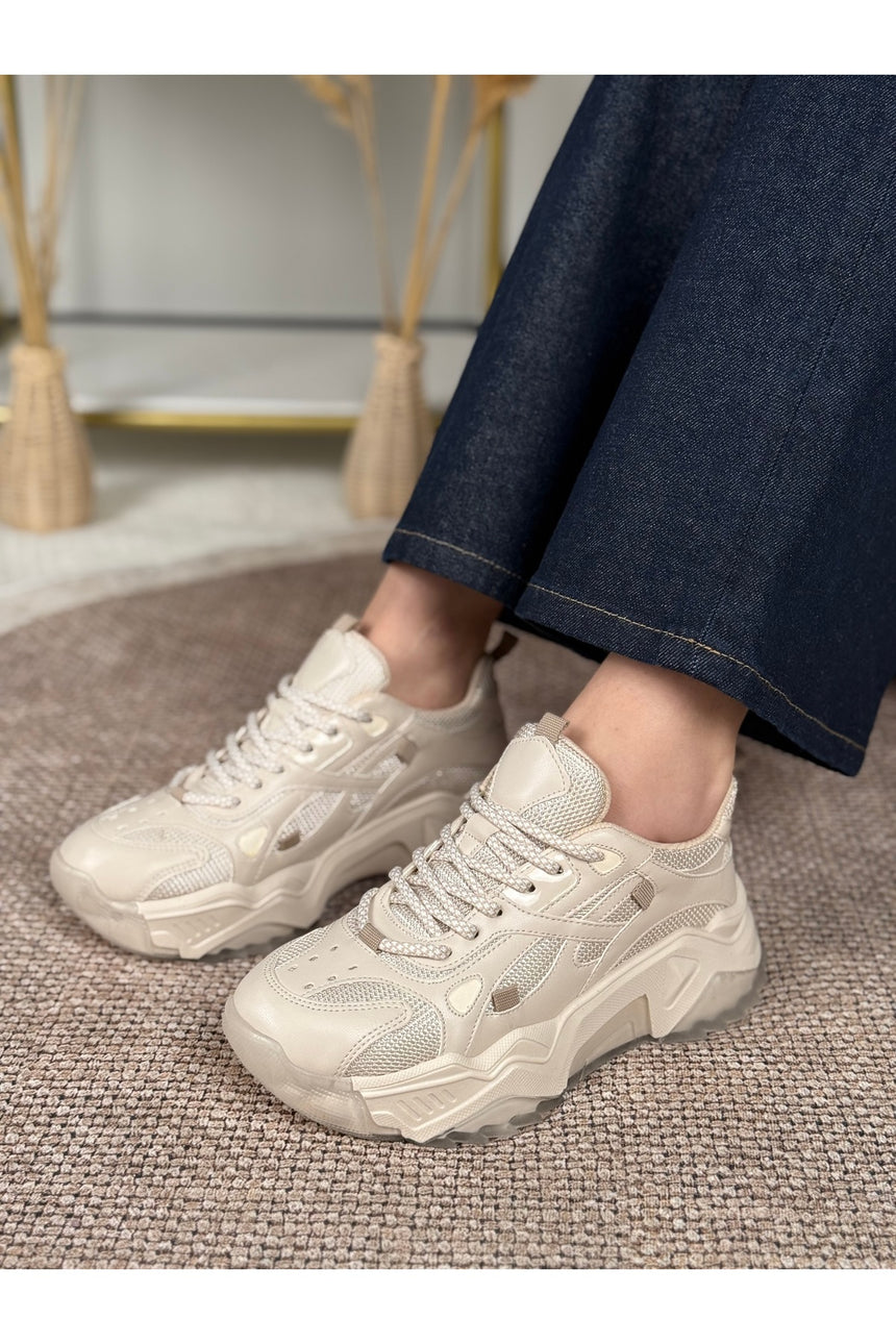 Noctra Kadın Krem Deri Detaylı Bağcıklı Yüksek Tabanlı  Sneaker Spor Ayakkabı - Krem
