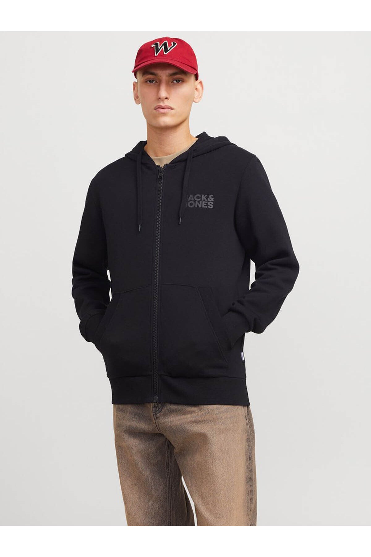 Jack & Jones Corp Logo Erkek Kapüşonlu Fermuarlı Sweatshirt 12265177 - Siyah