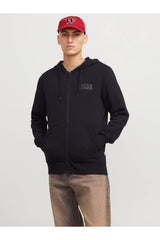 Jack & Jones Corp Logo Erkek Kapüşonlu Fermuarlı Sweatshirt 12265177 - Siyah