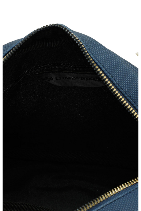 Sporline Lumberjack lacivert suni deri unisex el çantasının iç fermuarlı bölme ve marka etiket detayı