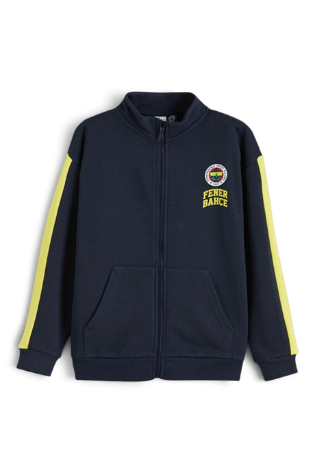 Sporline LC Waikiki koyu lacivert Fenerbahçe baskılı, dik yakalı ve fermuarlı erkek çocuk sweatshirt