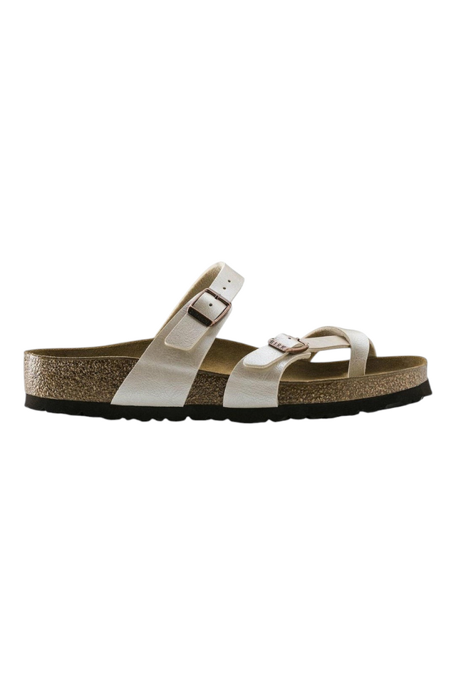 Sporline Birkenstock Mayari beyaz kadın terlik, mantar tabanlı ve ayarlanabilir tokalı şık tasarım