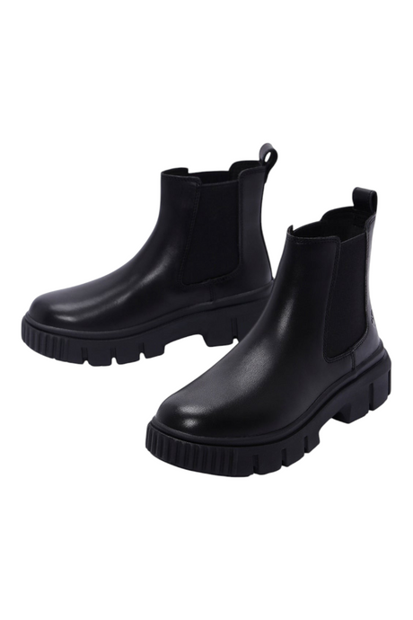 Sporline Timberland siyah deri ve tekstil kadın bot, kalın tabanlı şık chelsea bot tasarımı.