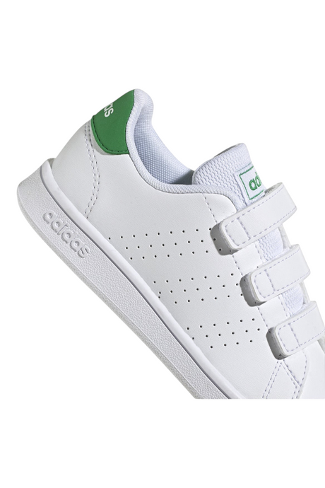 Sporline adidas Advantage Base beyaz suni deri çocuk sneaker, cırt cırtlı bantlı ve yeşil detaylı yan profil