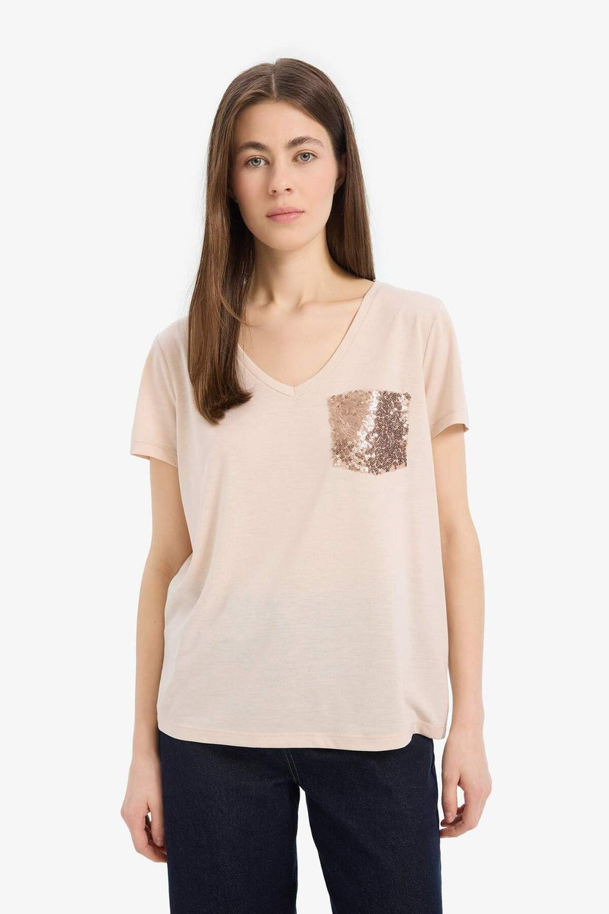 Defacto Kadın Short Sleeve T-Shirt U3769Az - Açık Bej