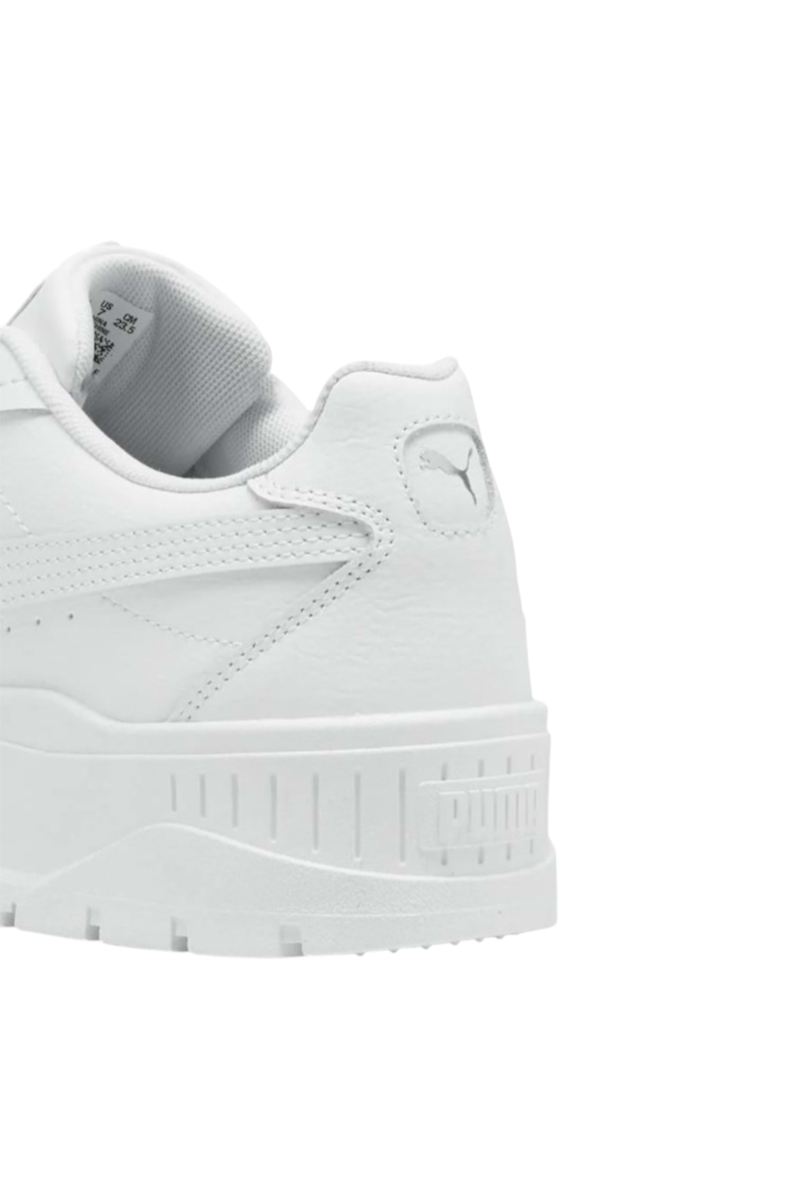 Sporline Puma Karmen II L beyaz deri unisex sneaker ayakkabı, topuk kısmında gümüş detaylı logo