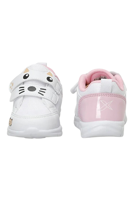 Sporline Kinetix 5P Buffy beyaz tekstil kadın sneaker, kedi figürlü cırt cırtlı tasarım ve pembe detaylı topuk