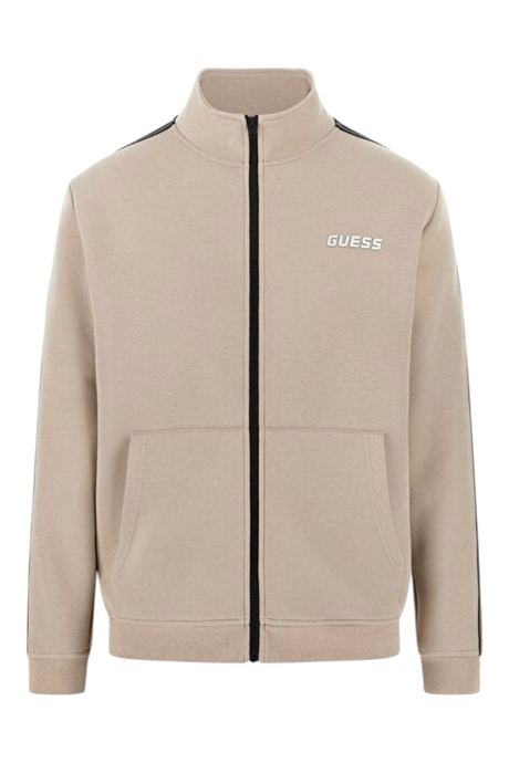 Sporline Guess bej renkli, dik yakalı, önden fermuarlı ve yan şerit detaylı erkek pamuklu sweatshirt