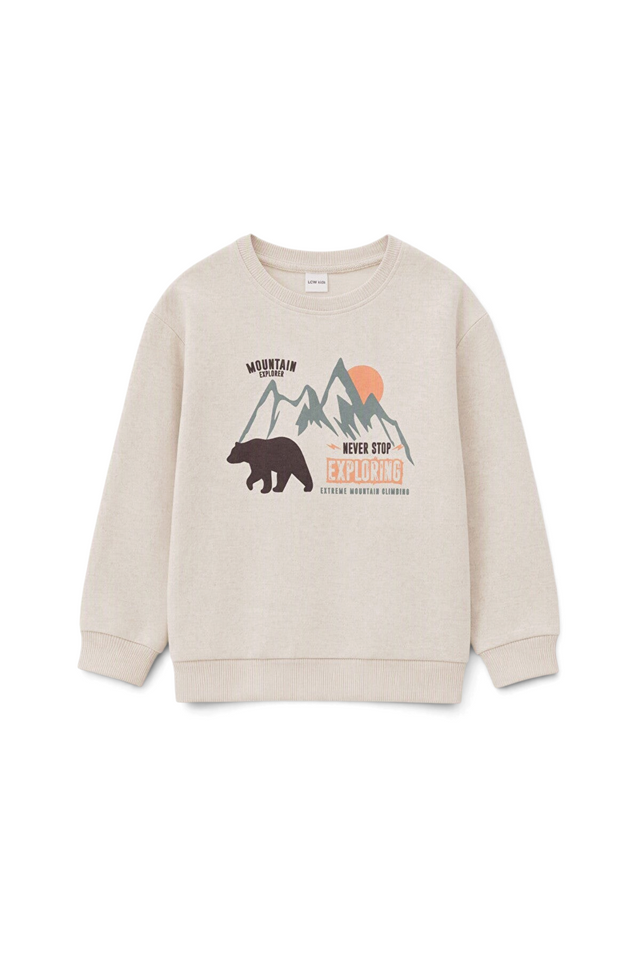 Sporline LC Waikiki çocuk kahverengi şardonlu pamuklu sweatshirt, dağ ve ayı baskılı regular kalıp tasarım
