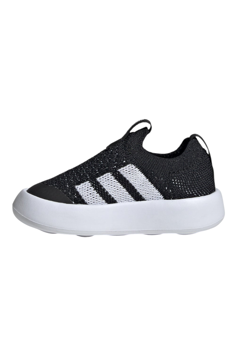 Sporline adidas Bubblecomfy I siyah unisex bebek spor ayakkabısı, beyaz tabanlı ve yanlarda ikonik üç bant detaylı