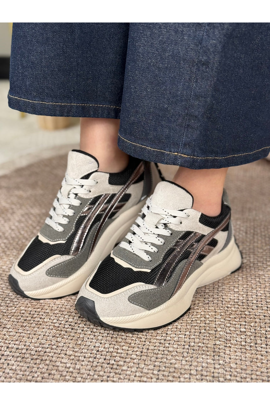 Rovena Kadın Gri Gümüş Yüksek Taban Bağcıklı  Sneaker Spor Ayakkabı - Gri