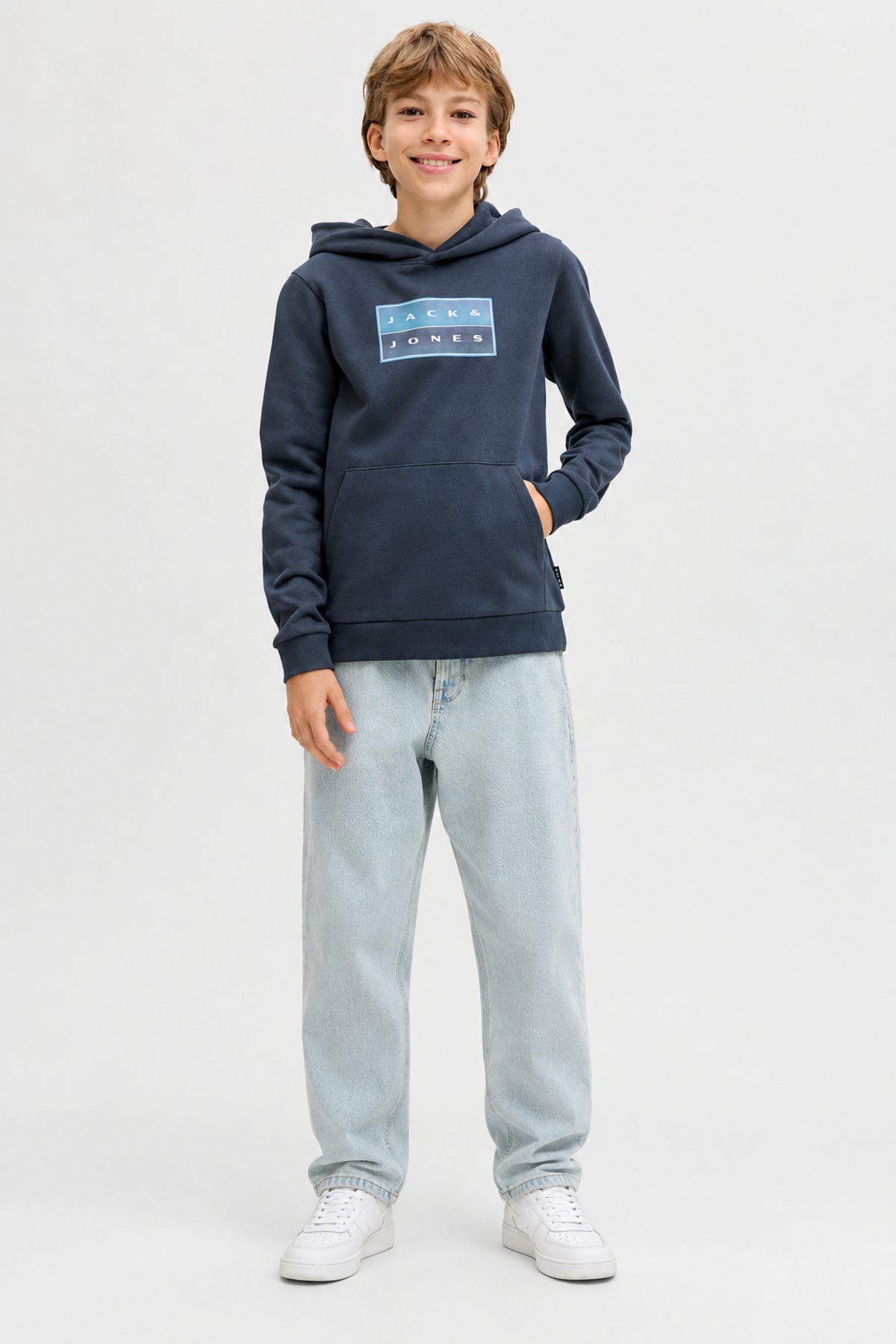 Jack & Jones Junior Fusion Erkek Çocuk Kapüşonlu Sweatshirt 12298237 - Koyu Lacivert / Koyu Gri
