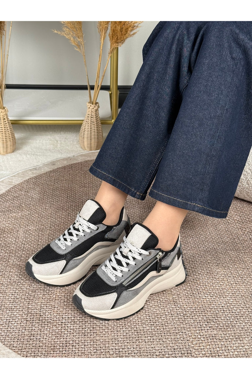 Monarch Kadın Siyah Kalın Tabanlı Topuk Detaylı Bağcıklı Fermuar Sim Detaylı Ortopedik Spor Ayakkabı Sneaker - Siyah