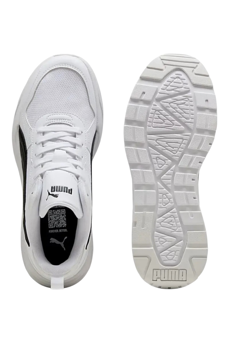 Sporline Puma Trinity 2 LT unisex spor ayakkabı, beyaz ve siyah renkli, üstten ve taban görünümü.