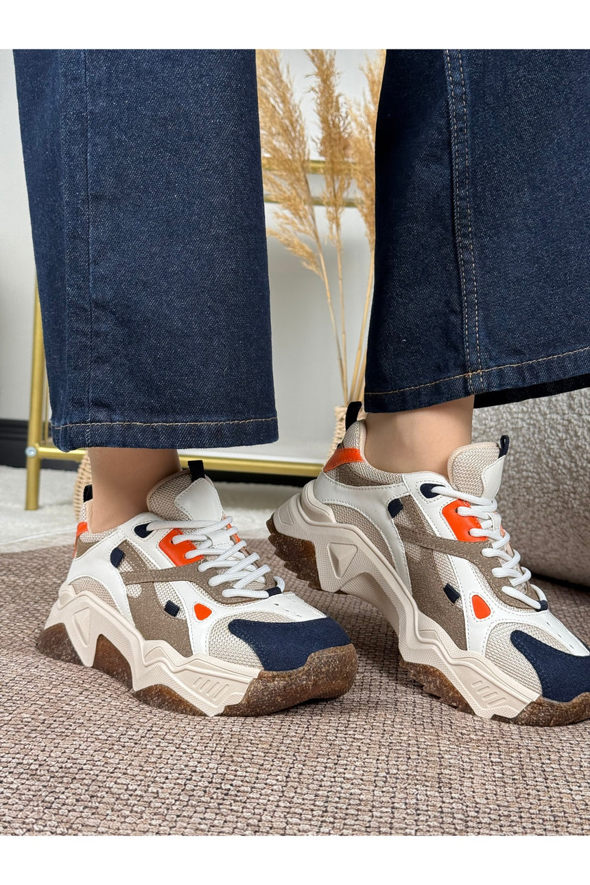 Noctra Kadın Süet Lacivert Koyu Kahverengi Bağcıklı Yüksek Tabanlı Sneakers - Lacivert/ Kahve