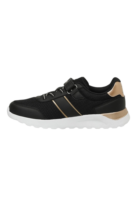 Sporline Kinetix 5P Monad siyah tekstil çocuk sneaker, yan görünüm, altın detaylı spor ayakkabı