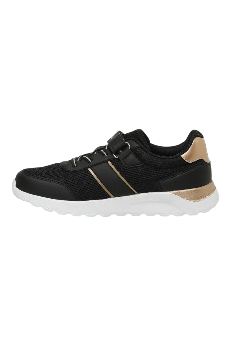 Sporline Kinetix 5P Monad siyah tekstil çocuk sneaker, yan görünüm, altın detaylı spor ayakkabı