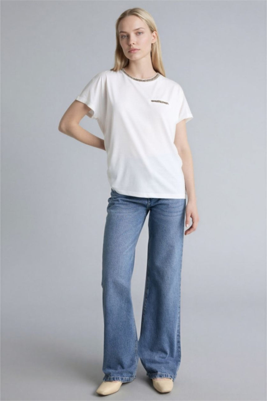 Defacto Kadın Short Sleeve T-Shirt K7701AZ - Ekru