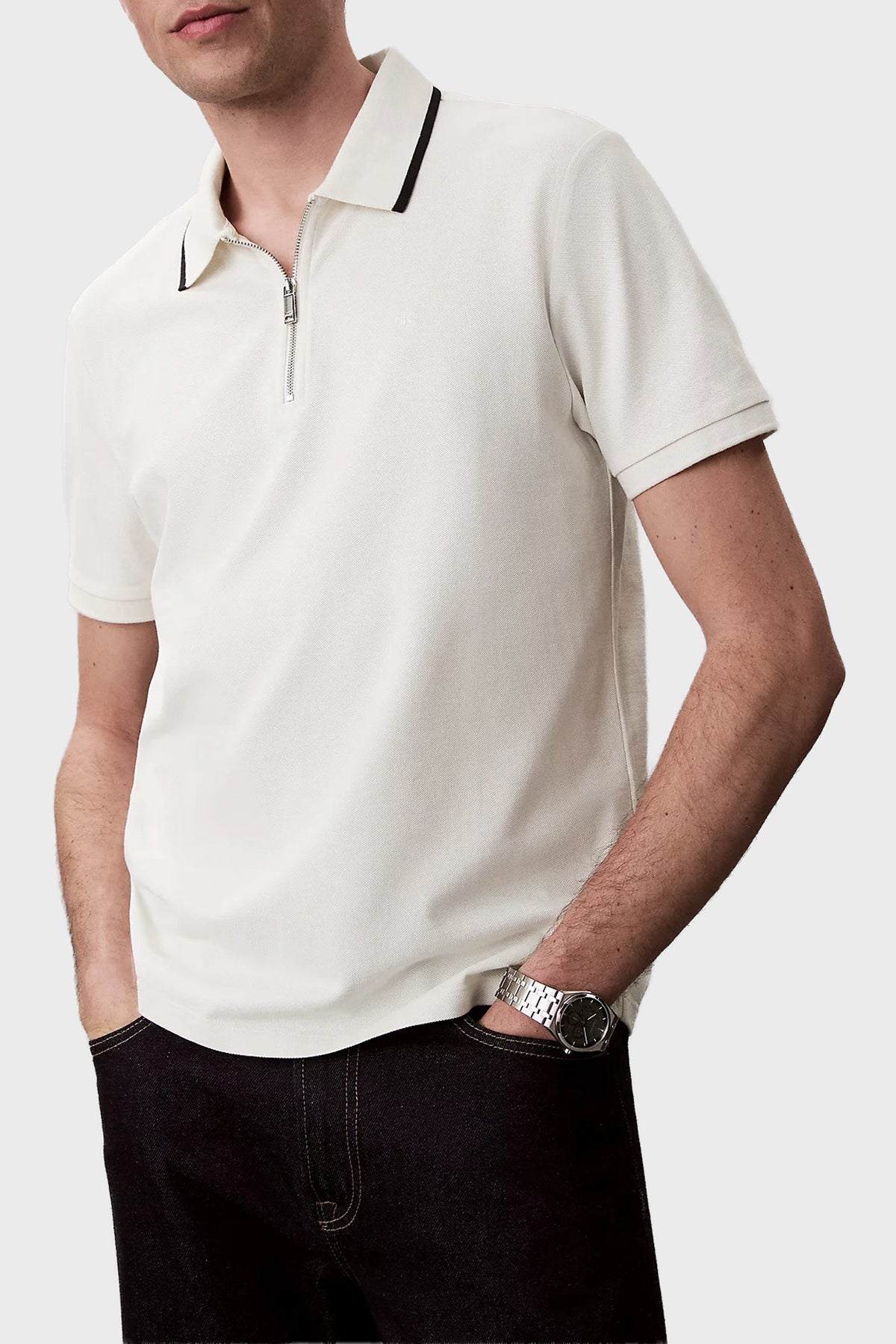 Calvin Klein Erkek SS TIPPED ZIP PIQUE POLO LV04LF214G - Beyaz