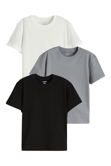 Sporline LC Waikiki çocuk 3'lü kısa kollu pamuklu t-shirt seti, ekru, gri ve siyah renk seçenekleriyle.