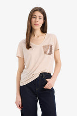 Defacto Kadın Short Sleeve T-Shirt U3769Az - Açık Bej