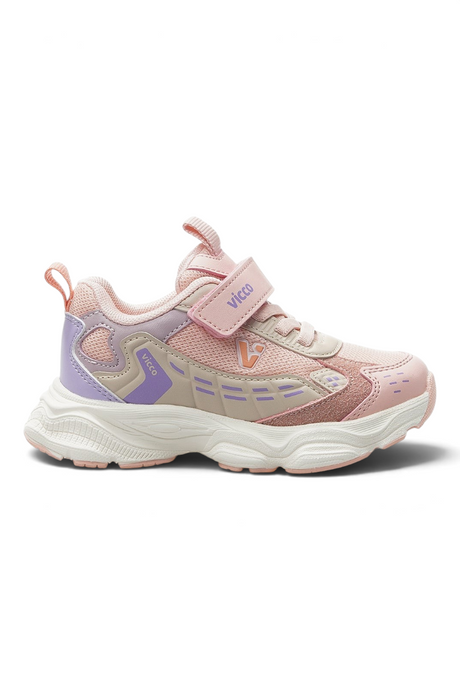 Sporline Vicco çocuk sneaker, pembe ve lila tonlarında suni deri detaylı, cırt cırtlı günlük spor ayakkabı.
