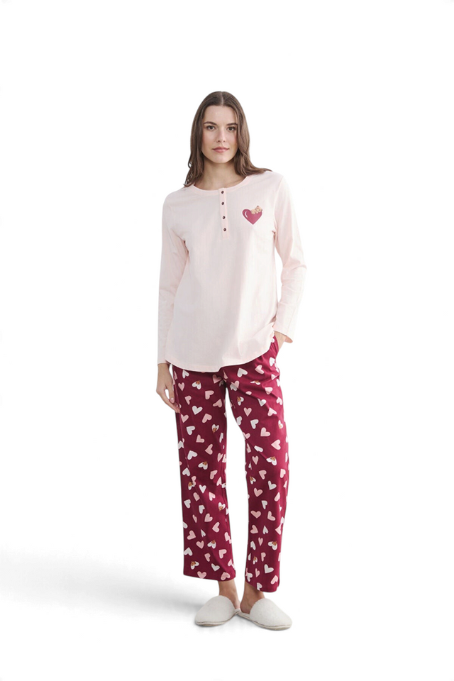 Sporline LC Waikiki koyu kırmızı kalp desenli pamuklu kadın pijama takımı