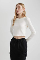 Defacto Kadın Long Sleeve T-Shirt A8311Ax - Kırık Beyaz