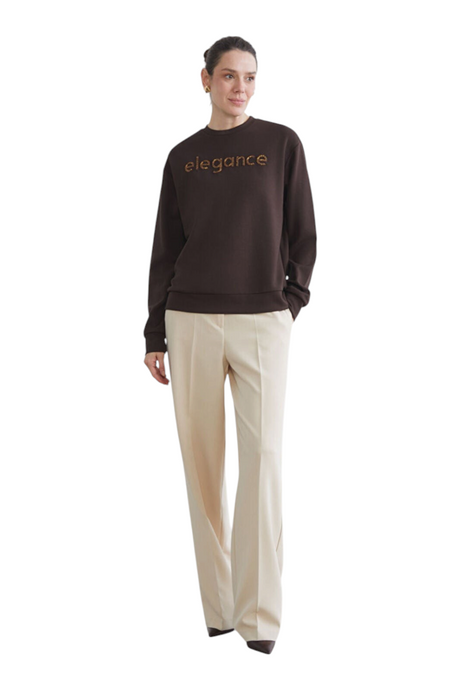Sporline LC Waikiki koyu kahverengi pamuklu kadın sweatshirt, üzerinde elegance yazısı bulunan bisiklet yaka tasarım