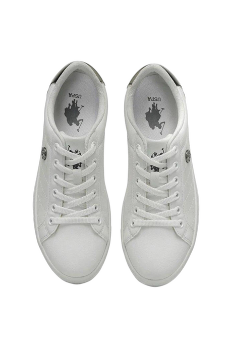 Sporline U.S. Polo Assn. beyaz PU kadın sneaker, üstten görünüm, bağcıklı tasarım ve marka logolu detaylar.