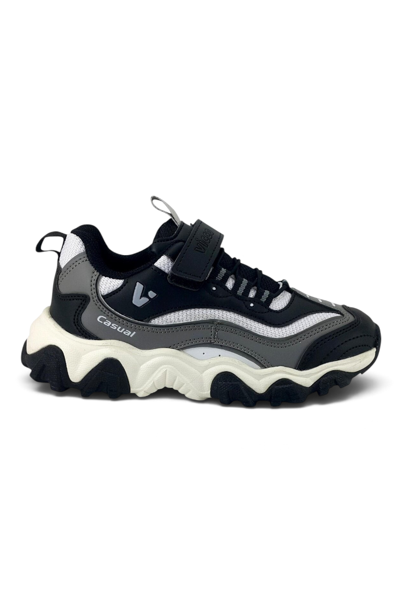 Sporline Vicco siyah tekstil poliüretan çocuk sneaker, cırt cırtlı tasarım ve kalın tabanlı günlük spor ayakkabı.