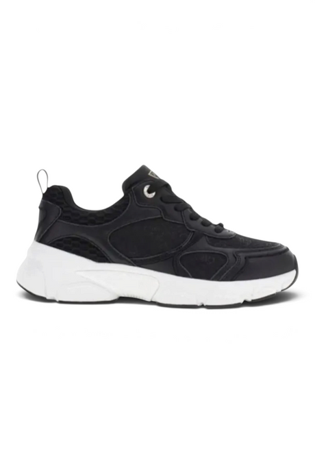 Sporline Guess kadın siyah sneaker, kalın beyaz tabanlı ve logolu detaylara sahip şık günlük spor ayakkabı.