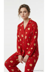 LC Waikiki Kadın Yılbaşı Desenli Pijama Takımı W6K038D8 - Kırmızı