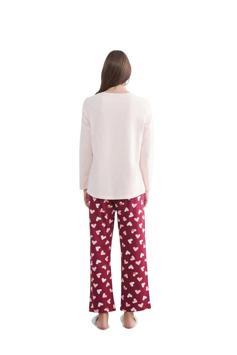 Sporline LC Waikiki koyu kırmızı kalp desenli pamuklu kadın pijama takımı arkadan görünüm