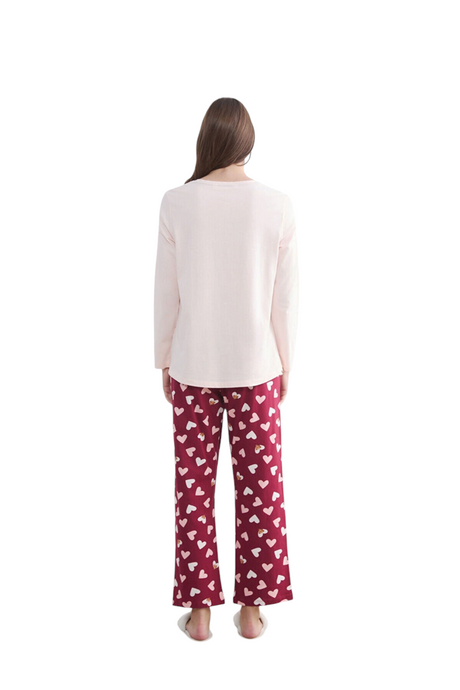 Sporline LC Waikiki koyu kırmızı kalp desenli pamuklu kadın pijama takımı arkadan görünüm