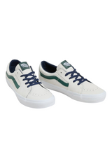 Sporline Vans beyaz deri unisex sneaker, yeşil yan şeritli ve lacivert bağcıklı günlük spor ayakkabı