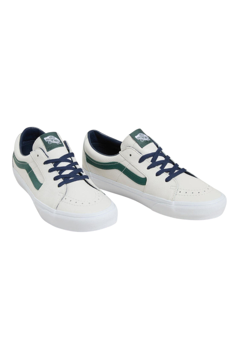 Sporline Vans beyaz deri unisex sneaker, yeşil yan şeritli ve lacivert bağcıklı günlük spor ayakkabı