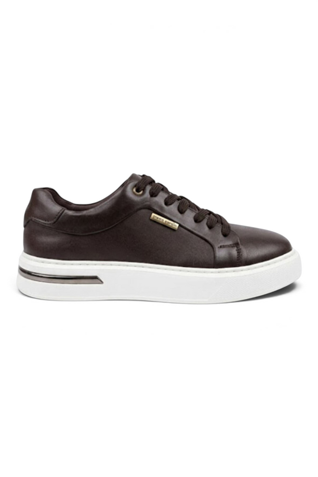 Sporline Pierre Cardin kahverengi deri erkek sneaker, beyaz tabanlı şık günlük ayakkabı tasarımı