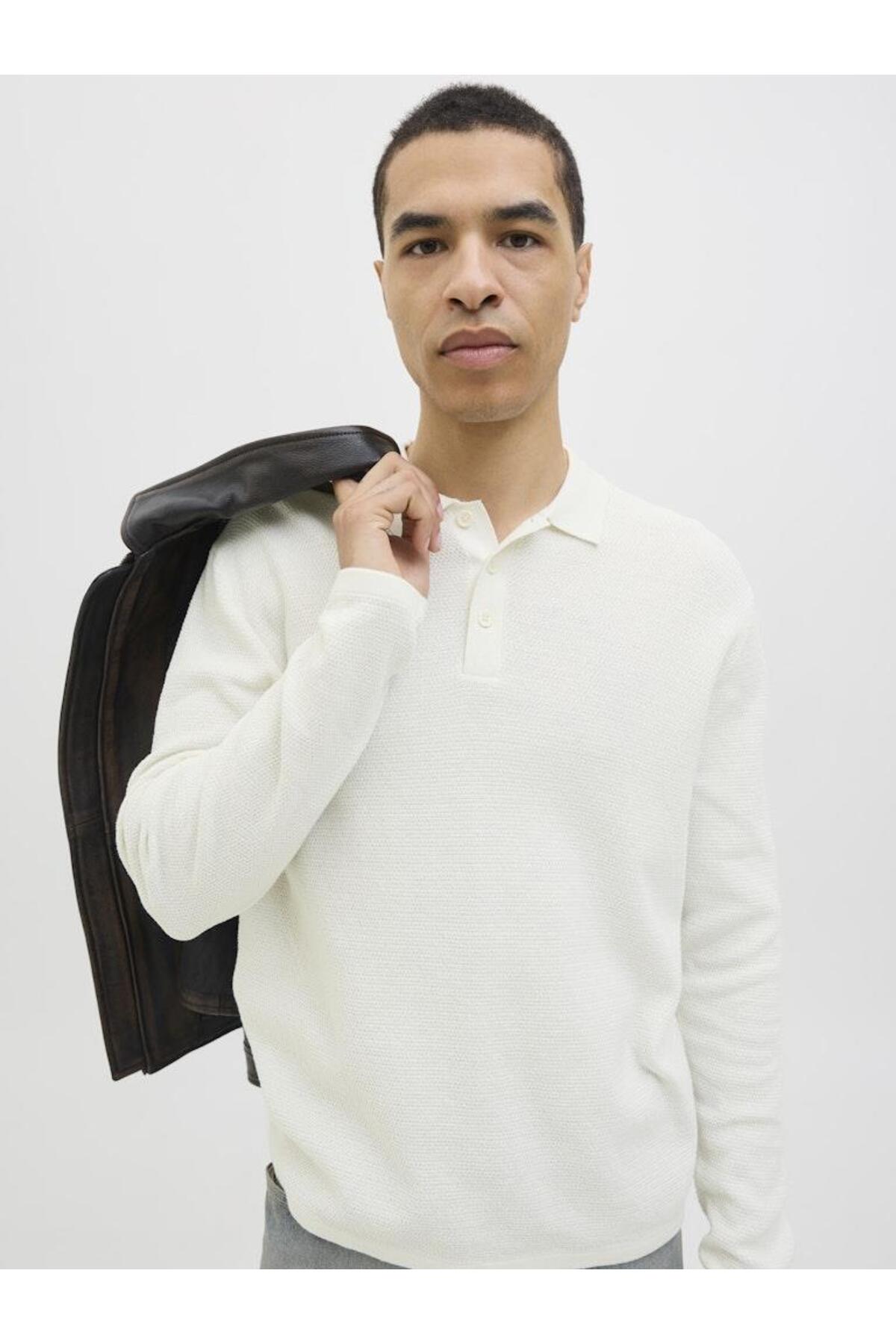 Jack & Jones George Erkek Polo Yaka Triko Kazak 12278815 - Açık Krem