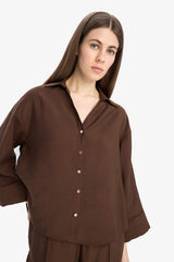 DeFacto Kadın Loose Uzun Kollu Gömlek E9007AX - Kahverengi