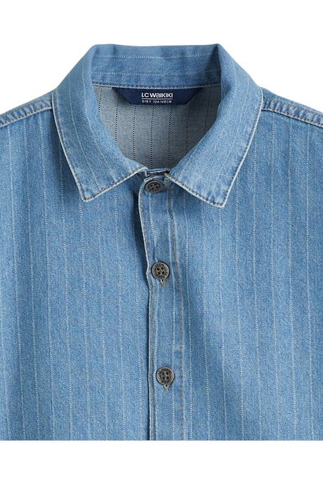 Sporline LC Waikiki indigo mavi çizgili pamuklu polyester çocuk uzun kollu gömlek