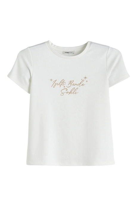 Sporline LC Waikiki ekru renkli, %100 pamuklu, kısa kollu, üzerinde yazı baskısı bulunan kadın t-shirt