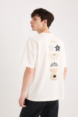 DeFacto Erkek Oversize T-Shirt B5813AX - Ekru