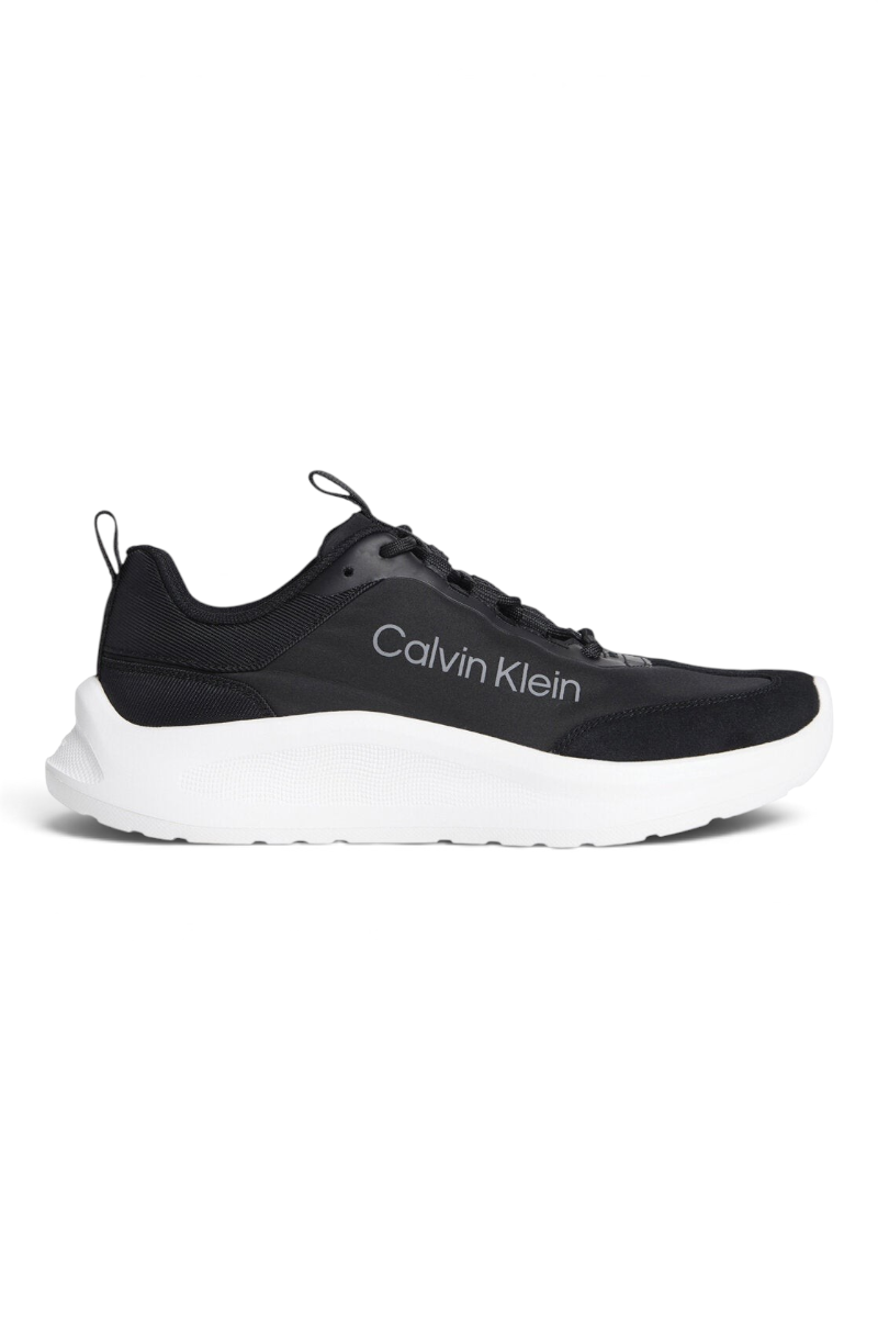 Sporline Calvin Klein siyah polyester kadın günlük spor ayakkabı, beyaz kalın tabanlı yan profil görünümü