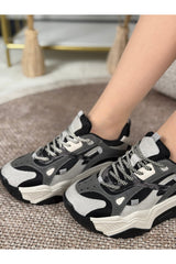 Noctra Kadın Süet Siyah Koyu Gri Bağcıklı Yüksek Tabanlı Sneakers - Siyah/ Koyu Gri