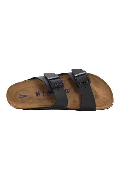 Sporline Birkenstock Arizona siyah unisex terlik, doğal deri iç tabanlı ve ayarlanabilir tokalı tasarım.
